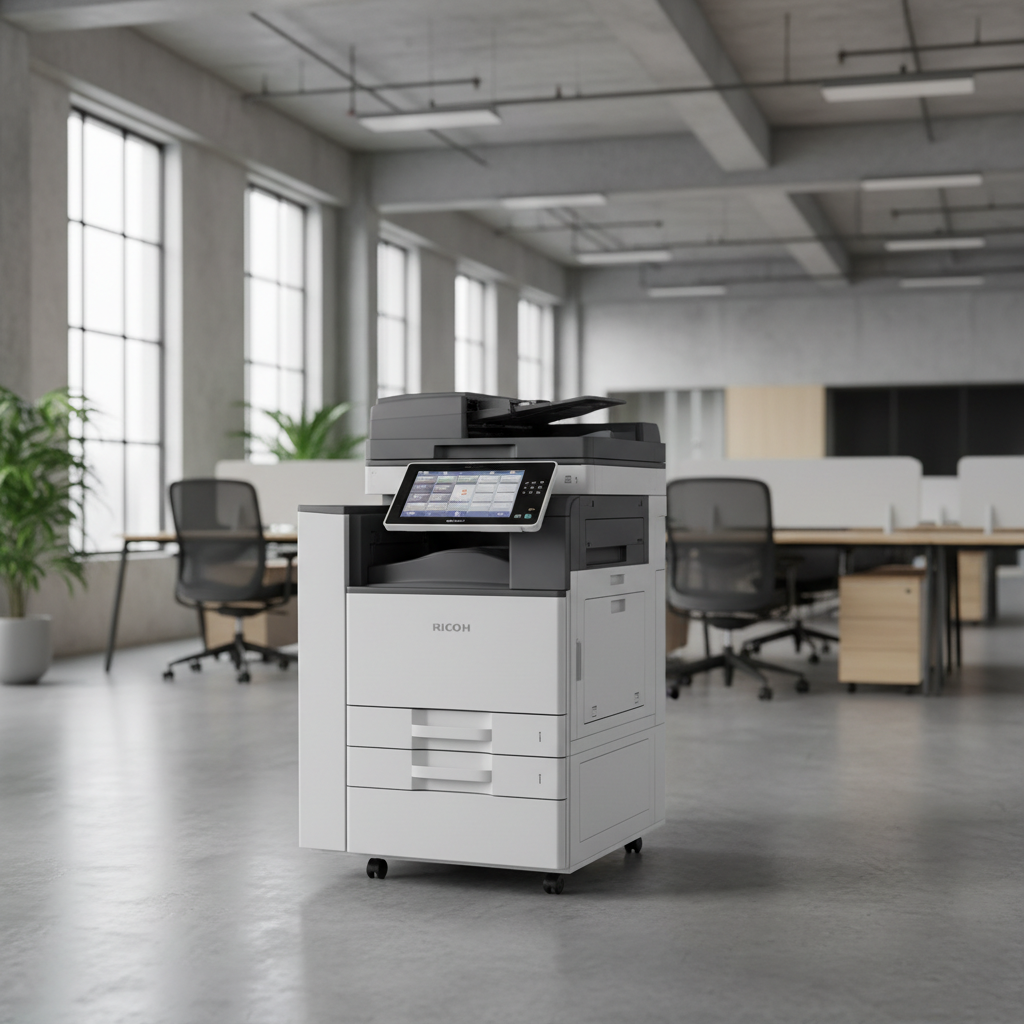 Photocopieuse multifonction Ricoh moderne installée au centre d’un open space lumineux, avec de grandes fenêtres et des bureaux contemporains en arrière-plan
