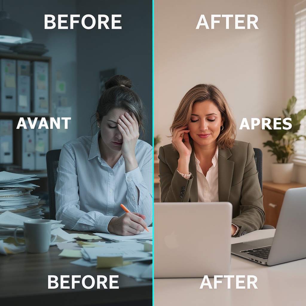 Image « avant / après » montrant à gauche une femme débordée dans un bureau encombré et sombre, et à droite la même femme sereine dans un espace de travail lumineux et organisé.