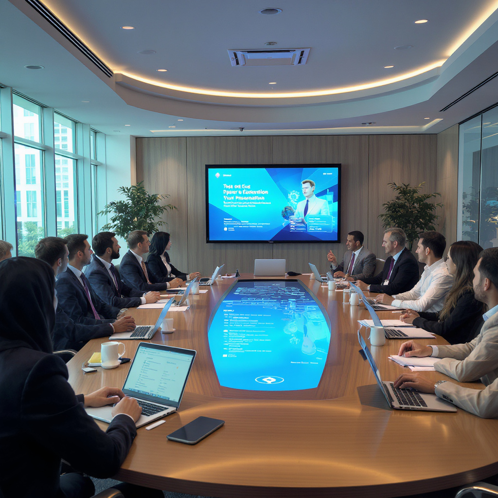 Réunion professionnelle dans une salle de conférence moderne, avec une équipe d’entreprise collaborant autour d’une grande table connectée et suivant une présentation digitale stratégique.