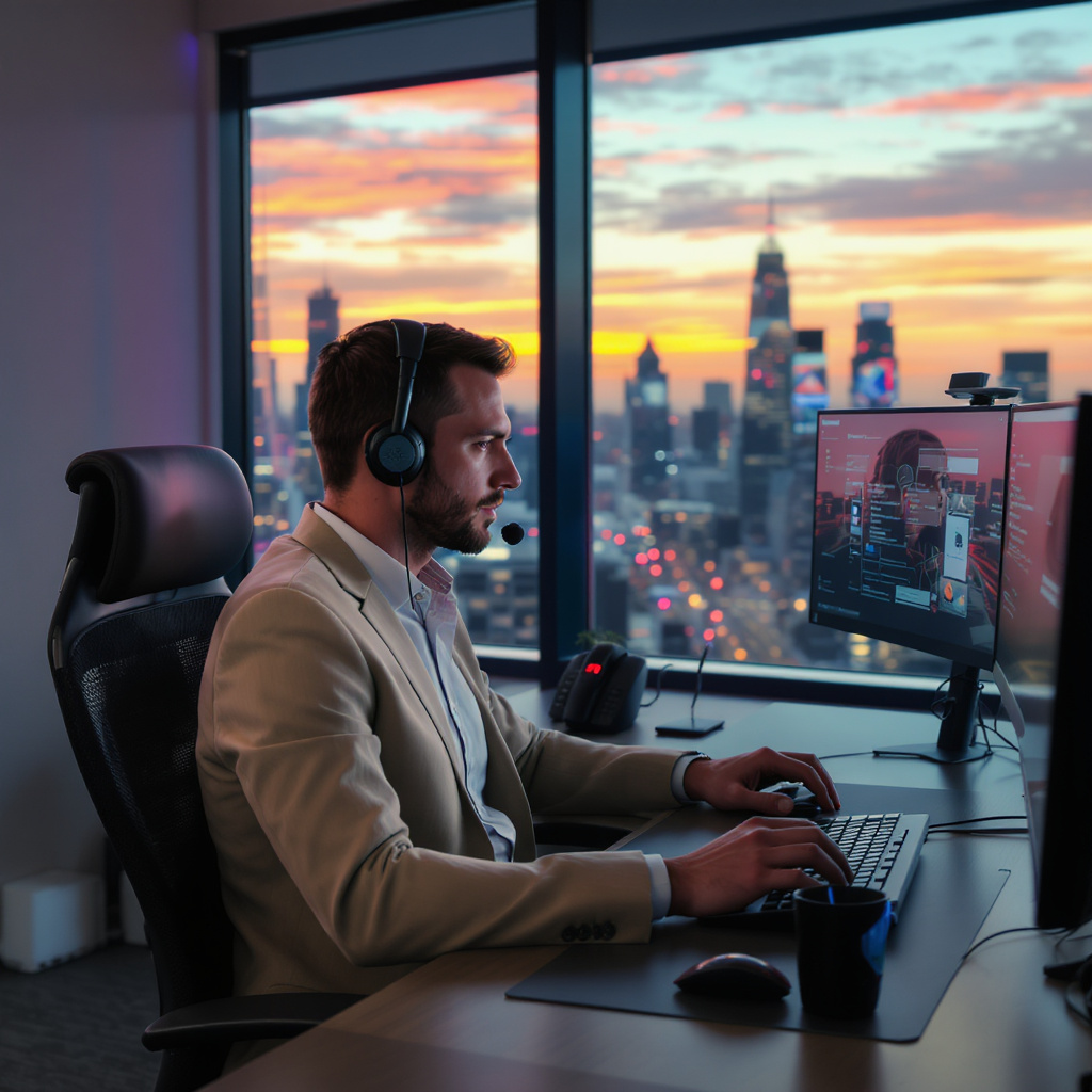 Un homme d'affaires élégant avec un casque-micro est assis devant son ordinateur, tapant au clavier, avec un fond de gratte-ciel urbain au coucher du soleil.