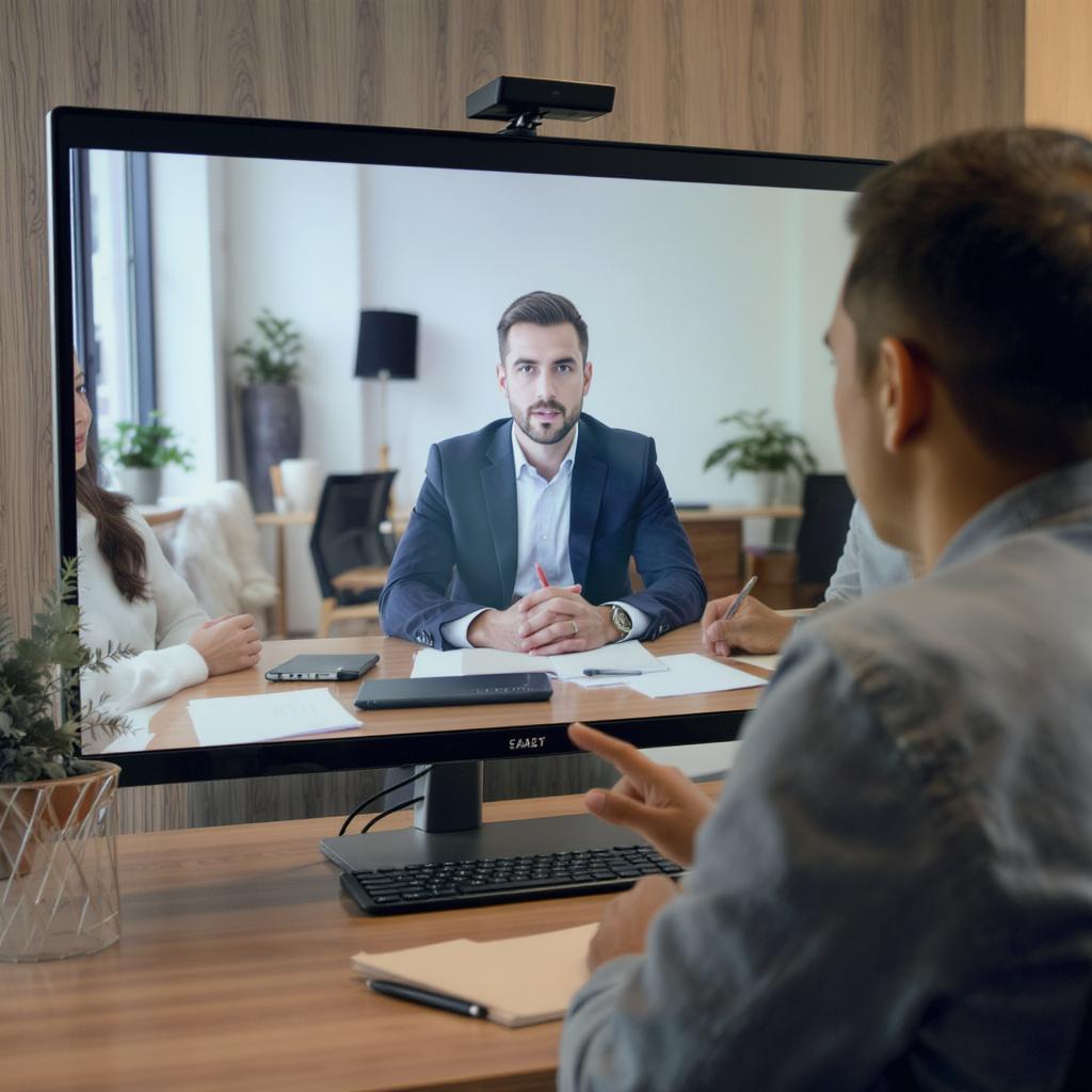 L'image représente une personne assise de dos, participant à une visioconférence affichée sur un grand écran de moniteur. À l'écran, un homme en costume est au centre, accompagné de deux autres participants partiellement visibles à ses côtés, suggérant une réunion à distance. L'environnement semble être un bureau moderne avec un mobilier en bois